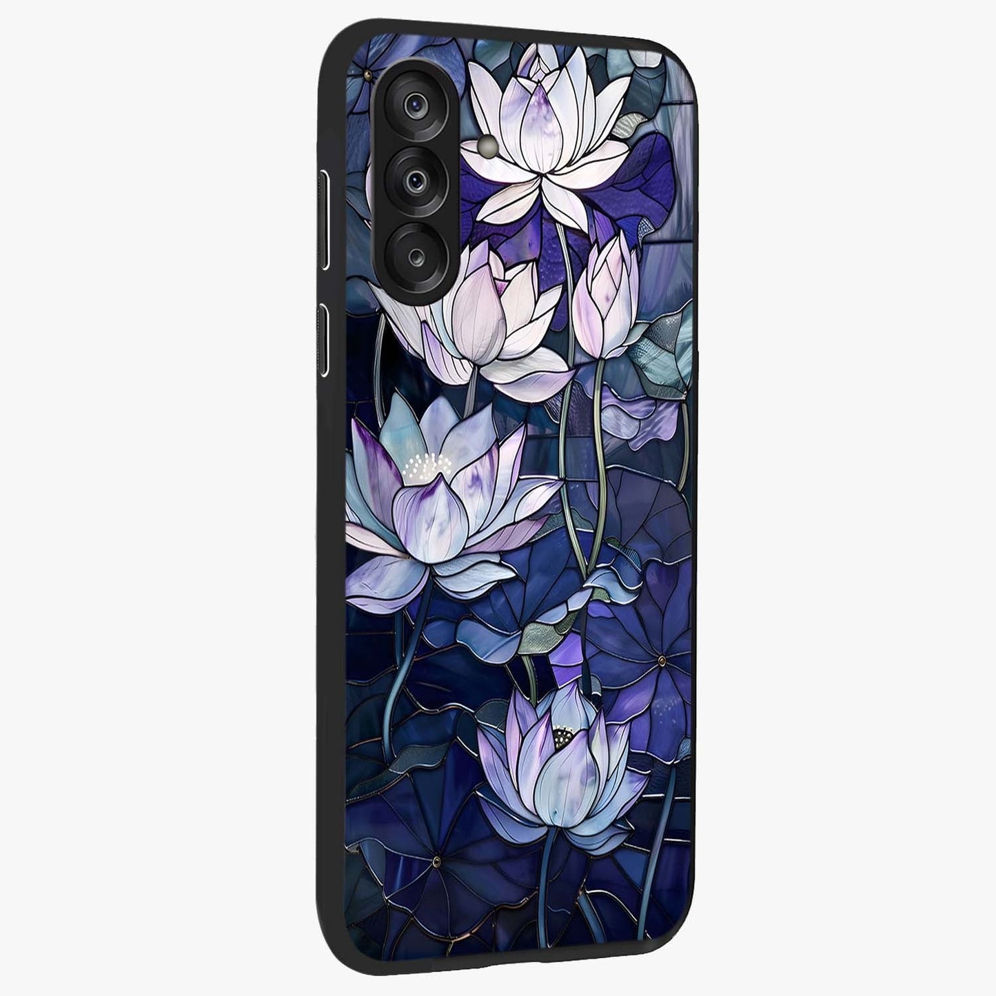 Gloss Petal Rush Glass Case upright view showcasing dynamic floral petal artwork with modern botanical theme.