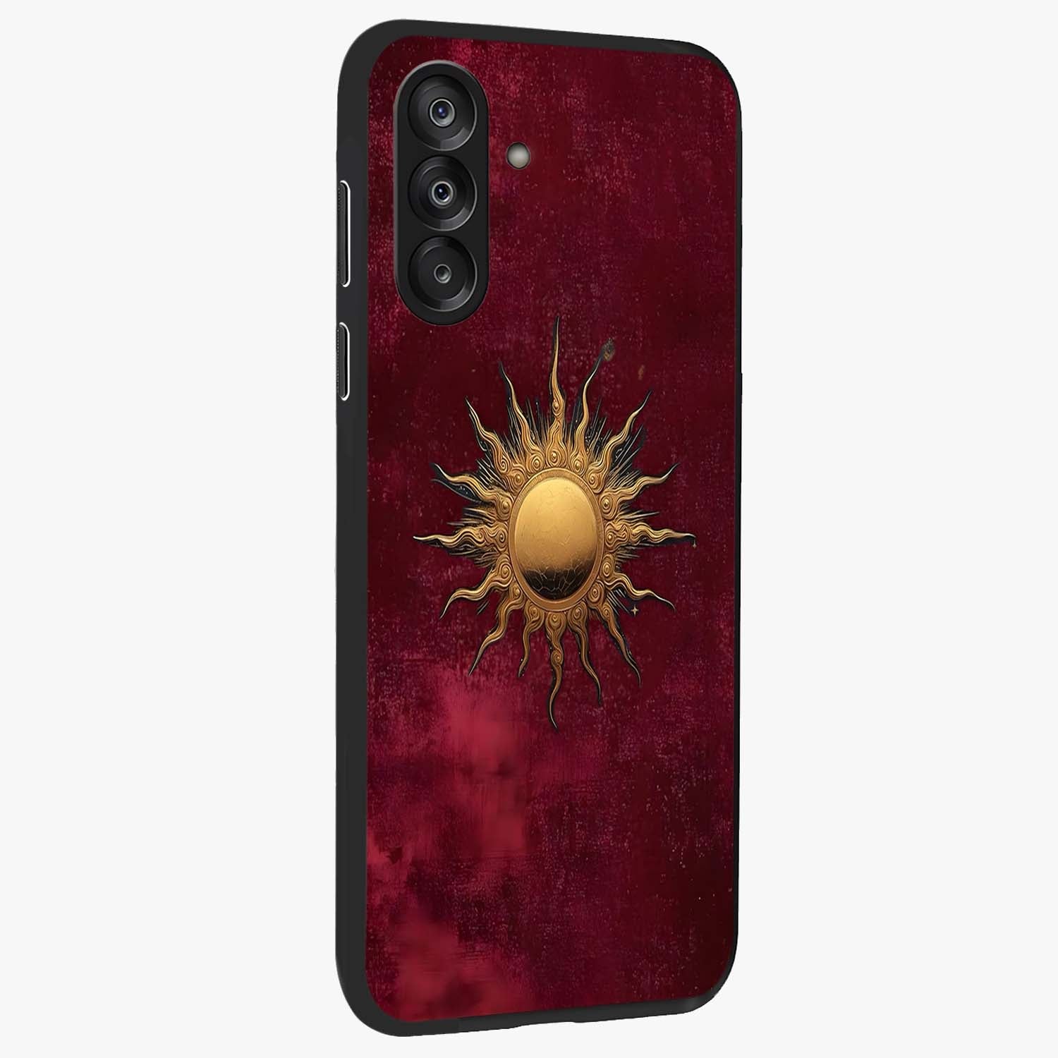 Golden Sun Minimalism Glass Case upright view showcasing simple golden sun artwork with elegant minimalist style.
