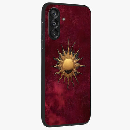 Golden Sun Minimalism Glass Case upright view showcasing simple golden sun artwork with elegant minimalist style.
