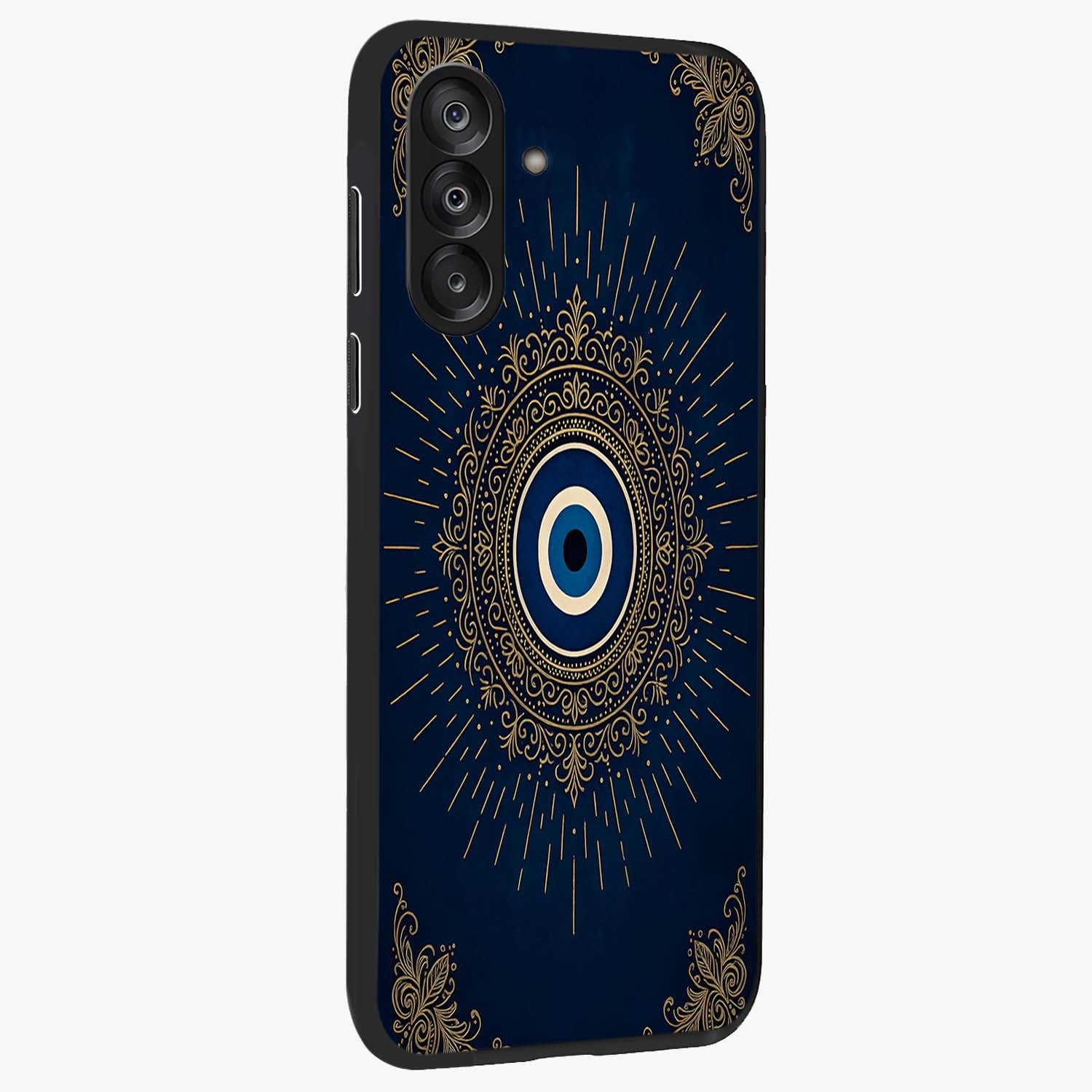 Golden Celestial Charm Glass Case upright view showcasing radiant celestial artwork with elegant golden theme.
