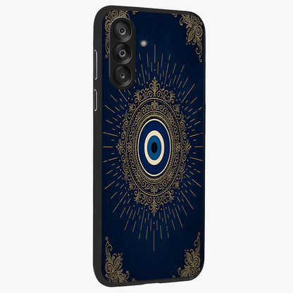Golden Celestial Charm Glass Case upright view showcasing radiant celestial artwork with elegant golden theme.