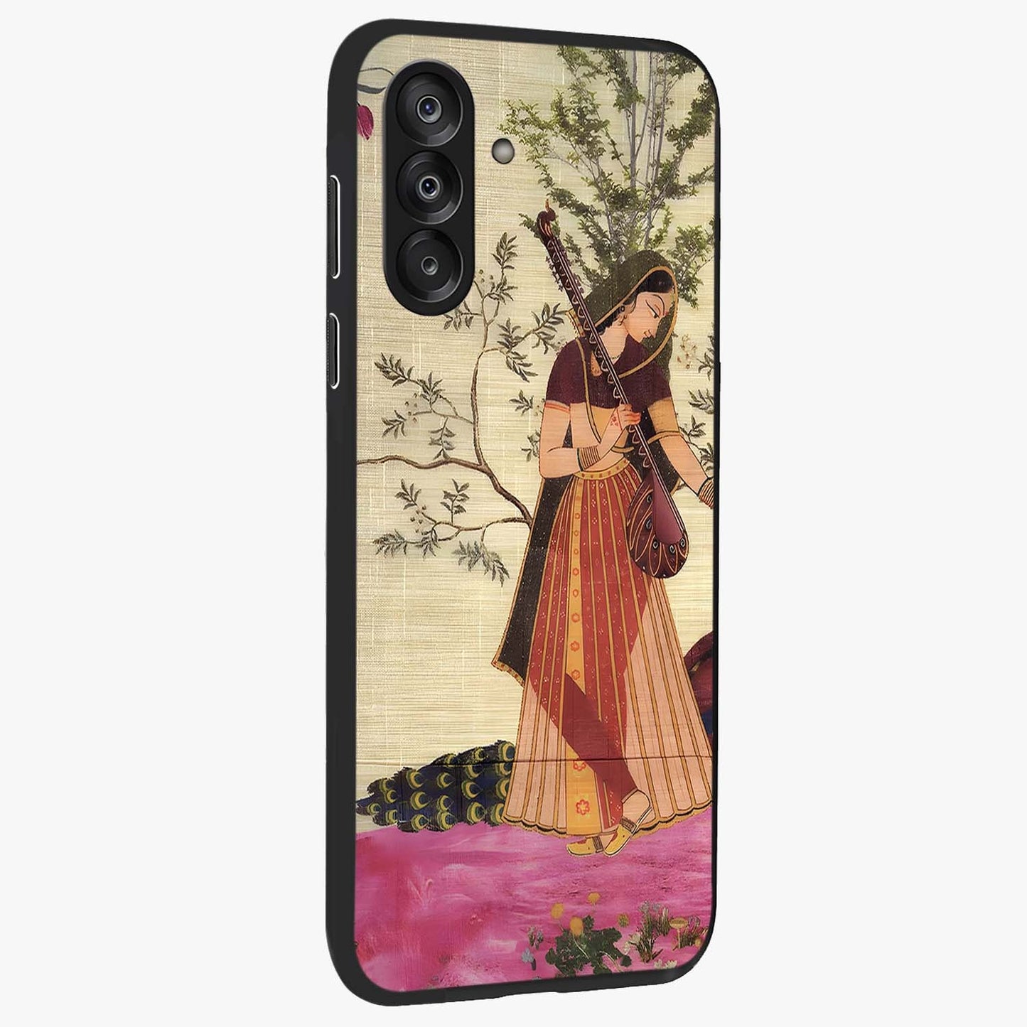 Lady With Veena Art Glass Case upright view showcasing classical veena artwork with traditional artistic theme.