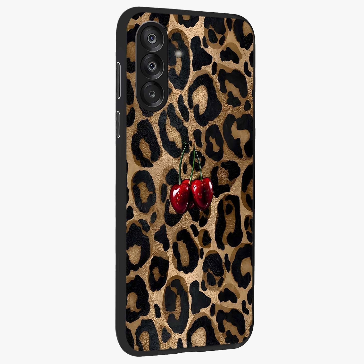 Leopard Wild Cherry Glass Case upright view showcasing stylish leopard pattern artwork with trendy fashion theme.