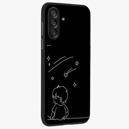 Line Art Boy With Shooting Stars Glass Case upright view showcasing artistic shooting star illustration with minimal style.