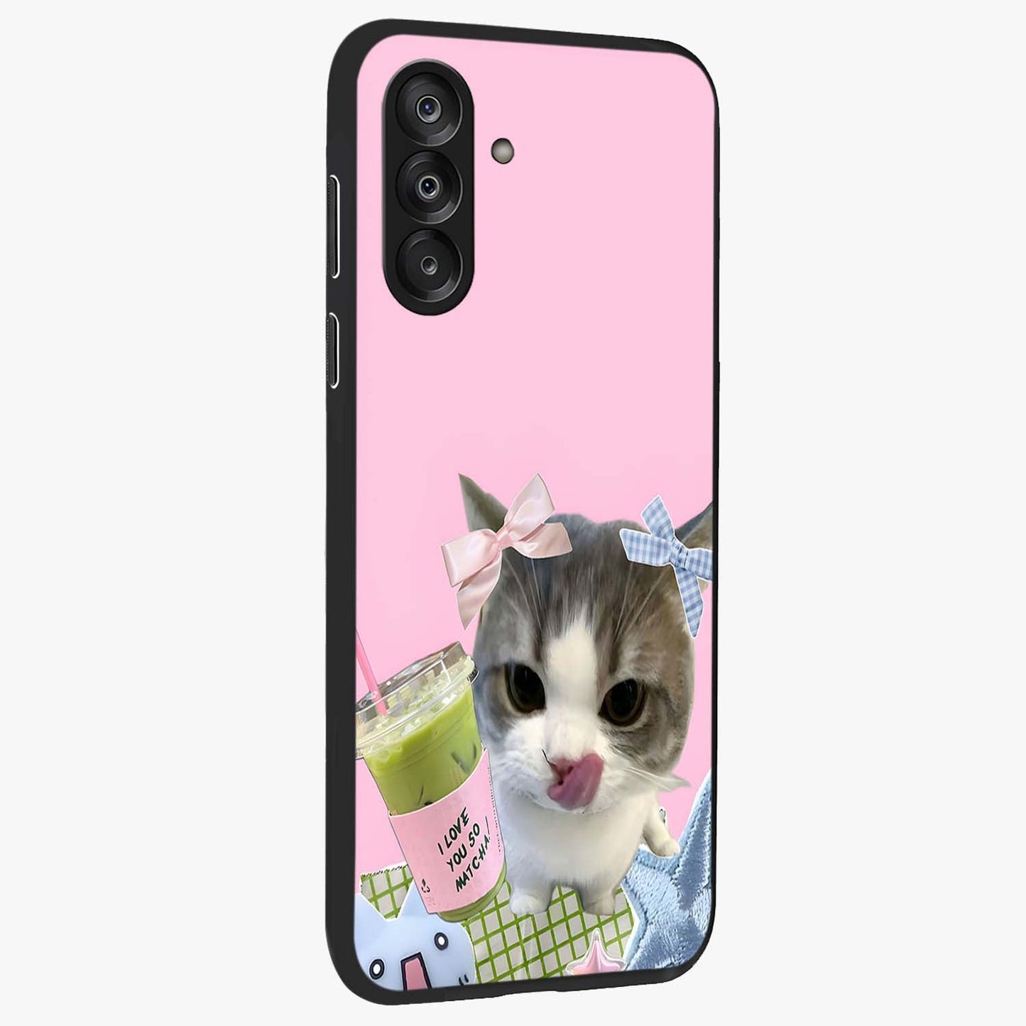Love Matcha Cat Glass Case upright view showcasing adorable cat artwork with charming matcha themed design.