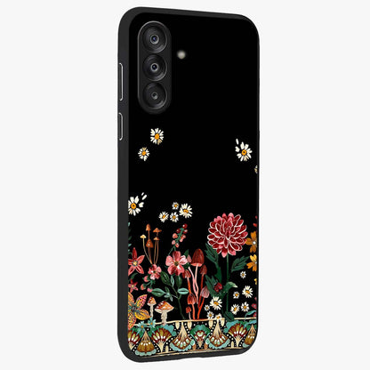 Midnight Bloom Pattern Glass Case upright view showcasing decorative floral artwork with deep night themed palette.