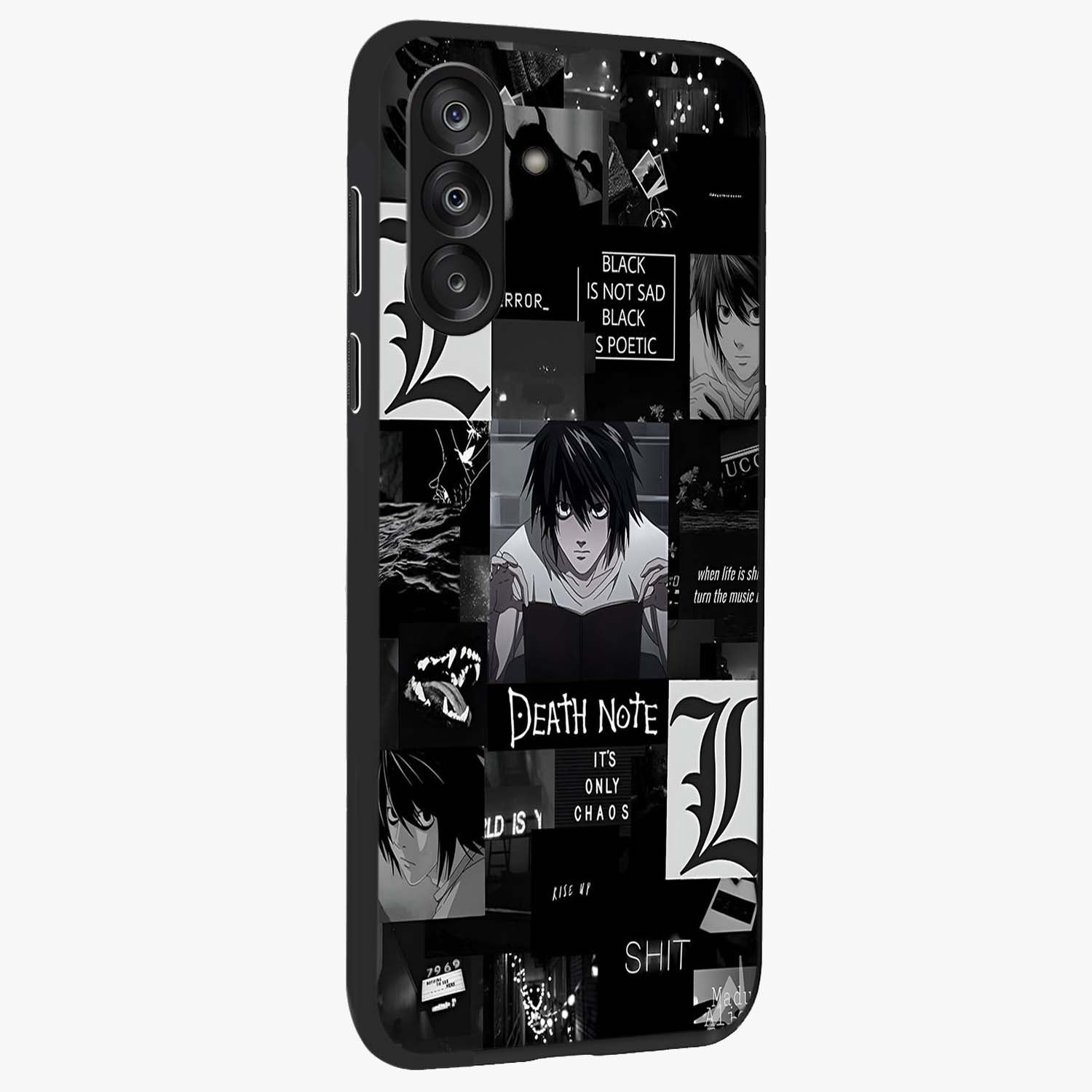 Midnight Chaos Mind Glass Case upright view showcasing expressive abstract artwork with bold dark theme.