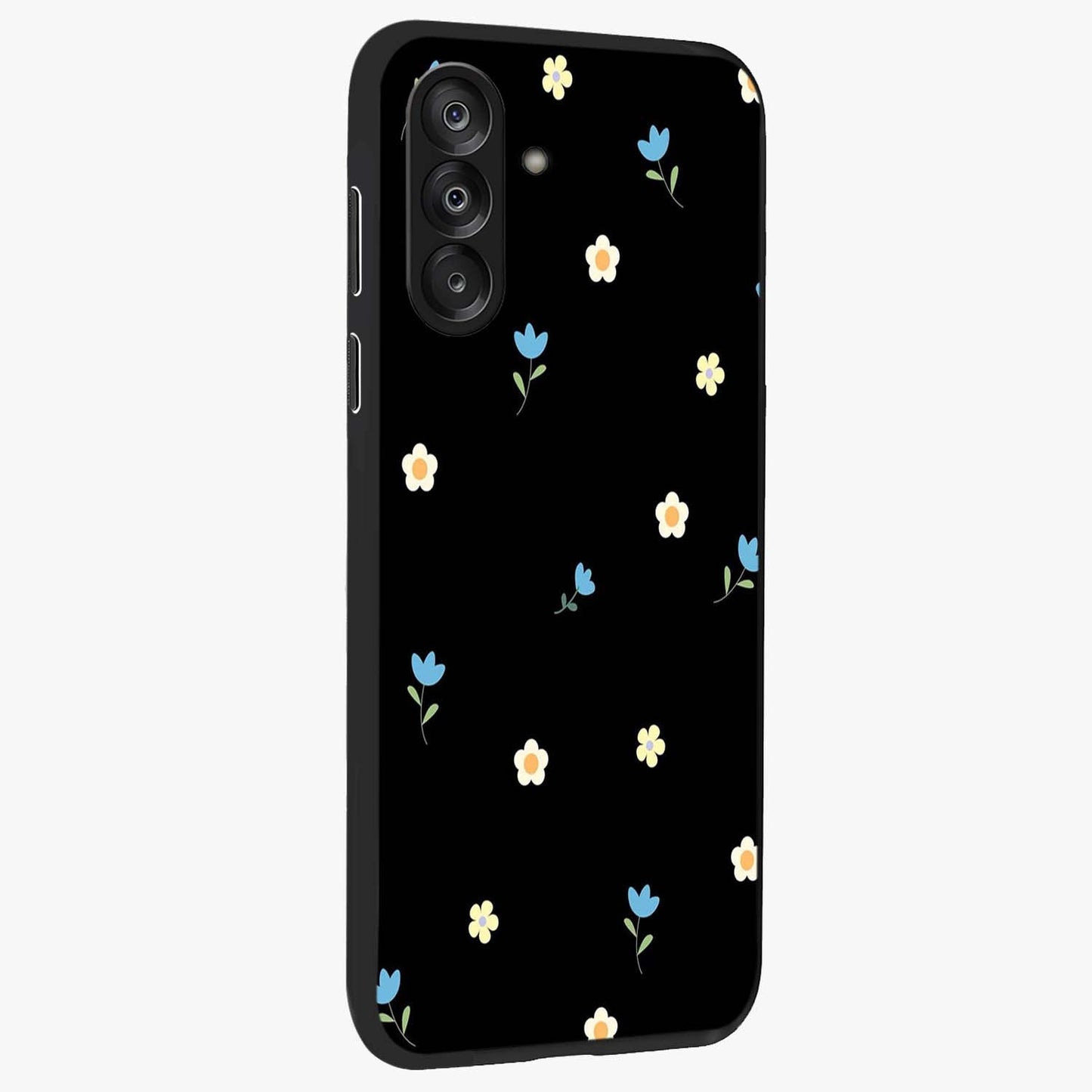 Minimal Petal Whispers Glass Case upright view showcasing elegant floral artwork with modern minimalist style.