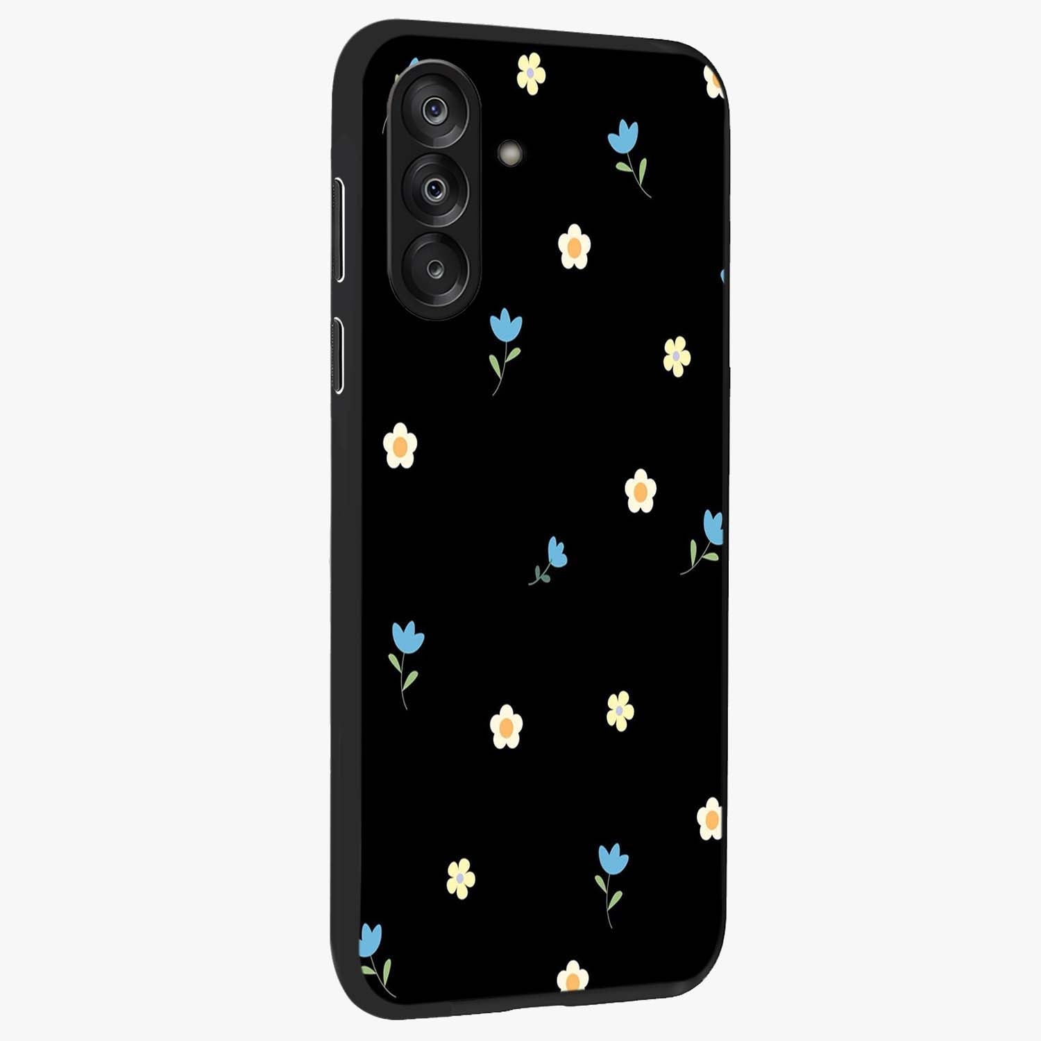 Minimal Petal Whispers Glass Case upright view showcasing elegant floral artwork with modern minimalist style.