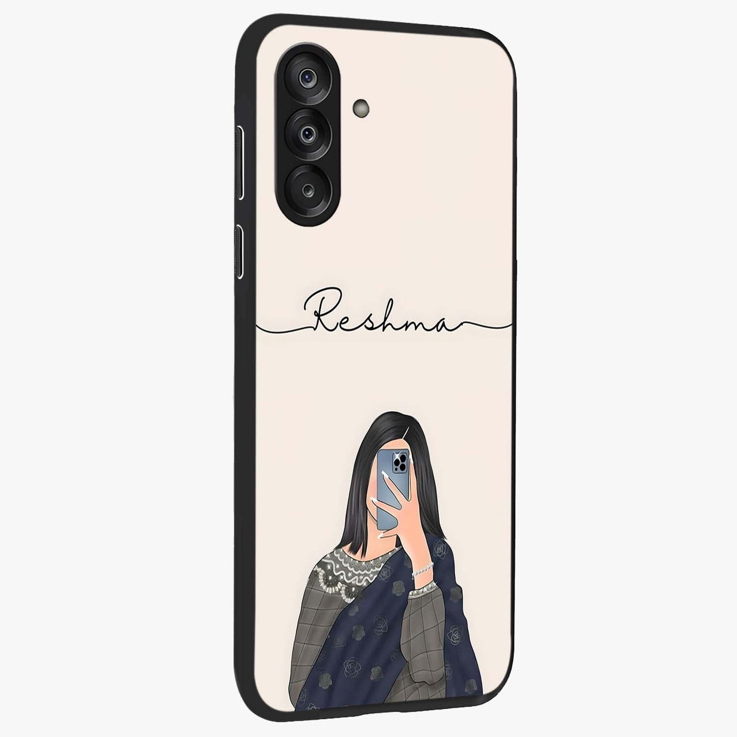 Mirror Mood Muse With Custom Name Glass Case upright view showcasing artistic mirror themed artwork with personalized aesthetic.