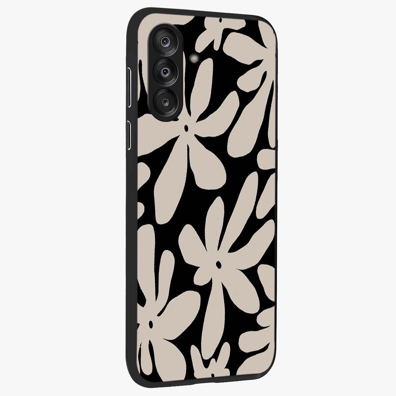 Monochrome Petal Dance Glass Case upright view showcasing artistic floral pattern with stylish monochrome theme.