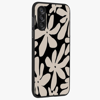 Monochrome Petal Dance Glass Case upright view showcasing artistic floral pattern with stylish monochrome theme.