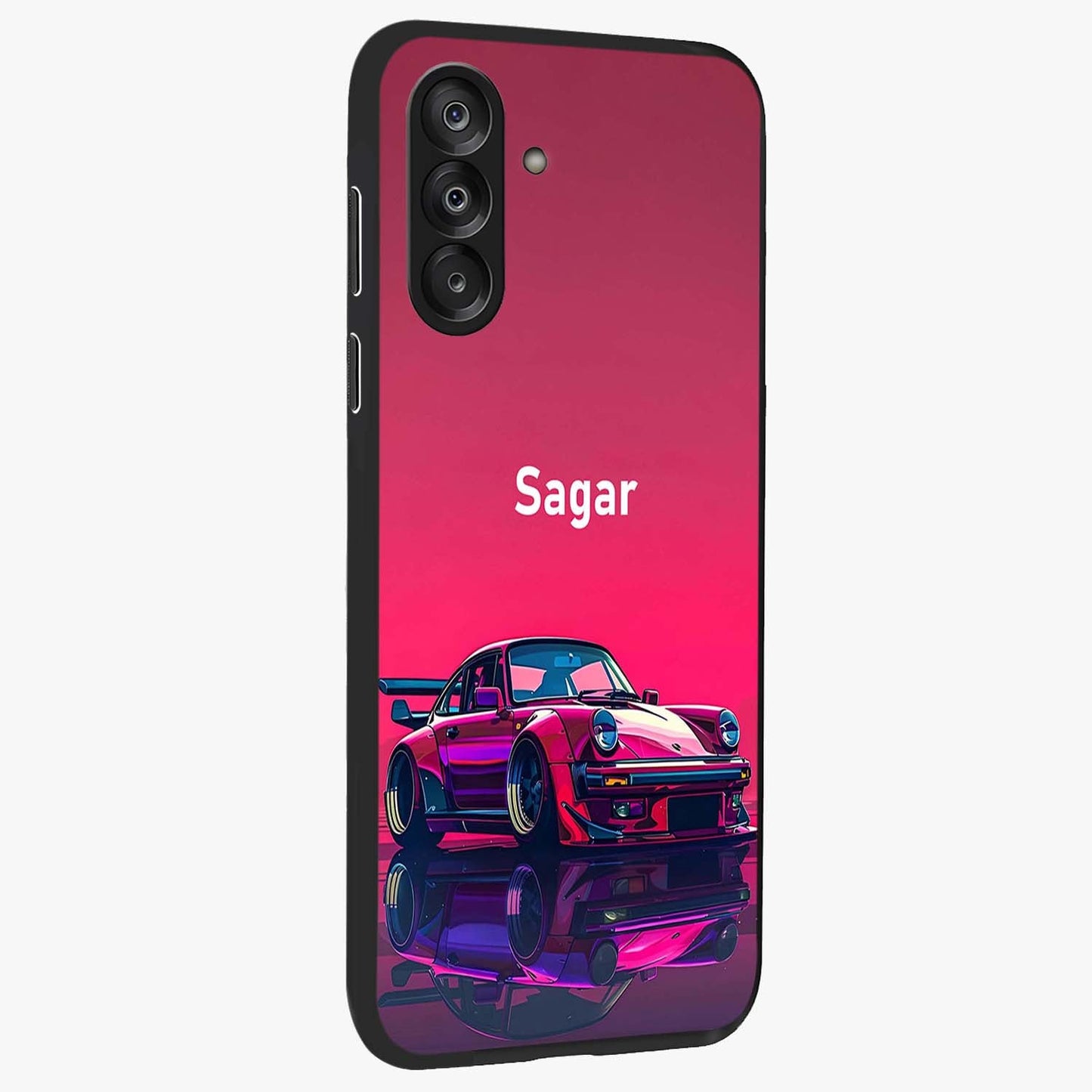 Neon Pink Porsche Glass Case upright view showcasing vibrant sports car artwork with bold automotive theme.