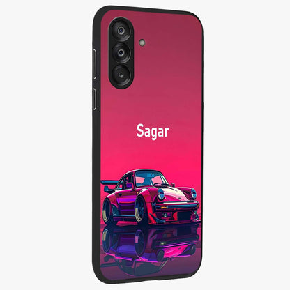 Neon Pink Porsche Glass Case upright view showcasing vibrant sports car artwork with bold automotive theme.