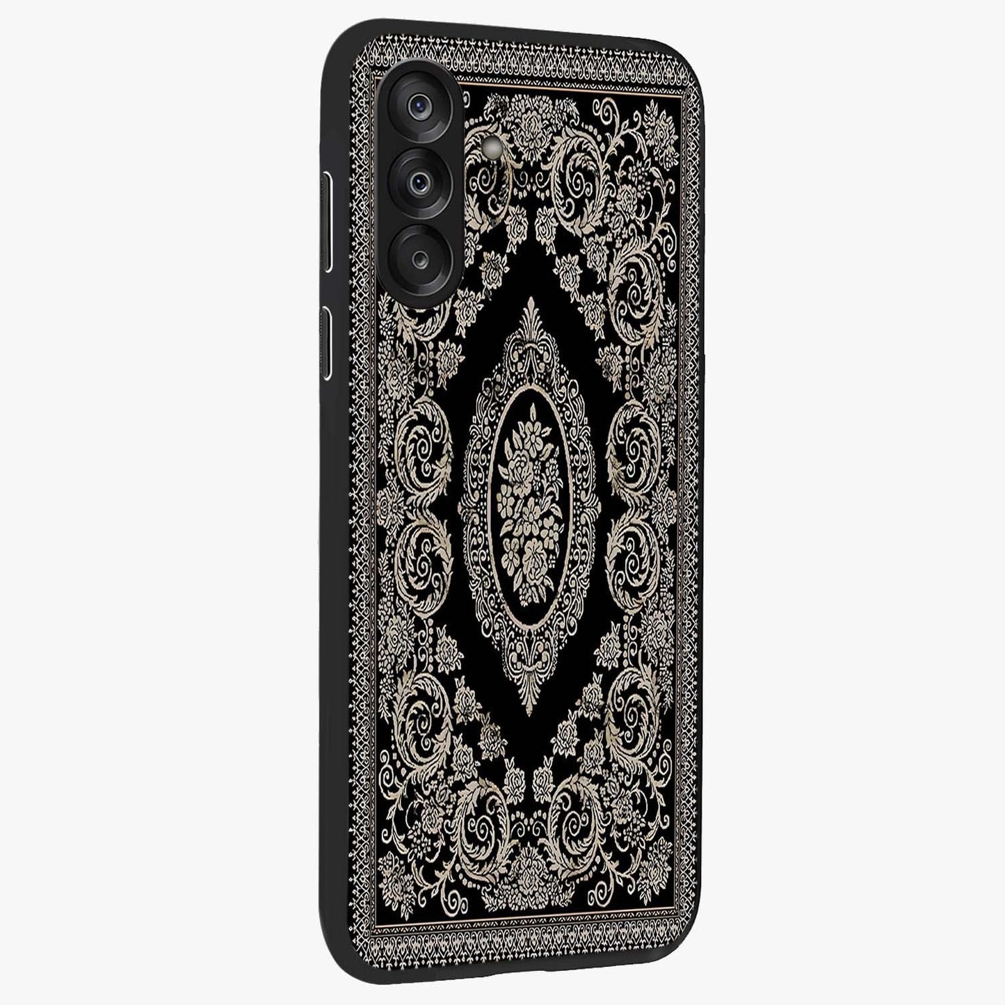 Noir Bloom Elegance Glass Case upright view showcasing graceful floral artwork with luxurious dark theme.