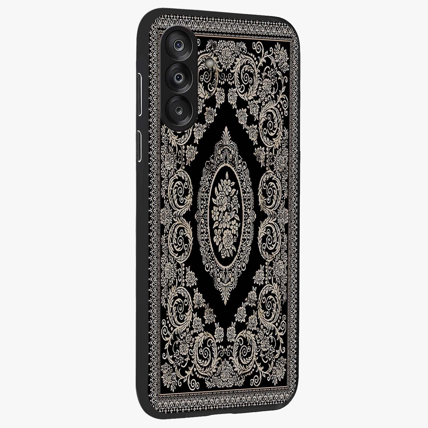 Noir Bloom Elegance Glass Case upright view showcasing graceful floral artwork with luxurious dark theme.