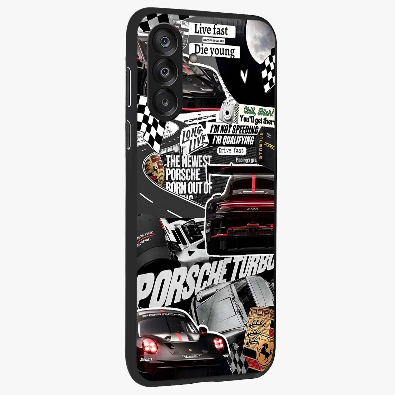 Porsche Racing Collage Glass Case upright view showcasing energetic car collage artwork with high speed racing theme.