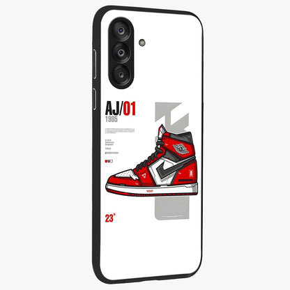 Retro Sneaker Blueprint Glass Case upright view showcasing stylish sneaker illustration with vintage streetwear theme.