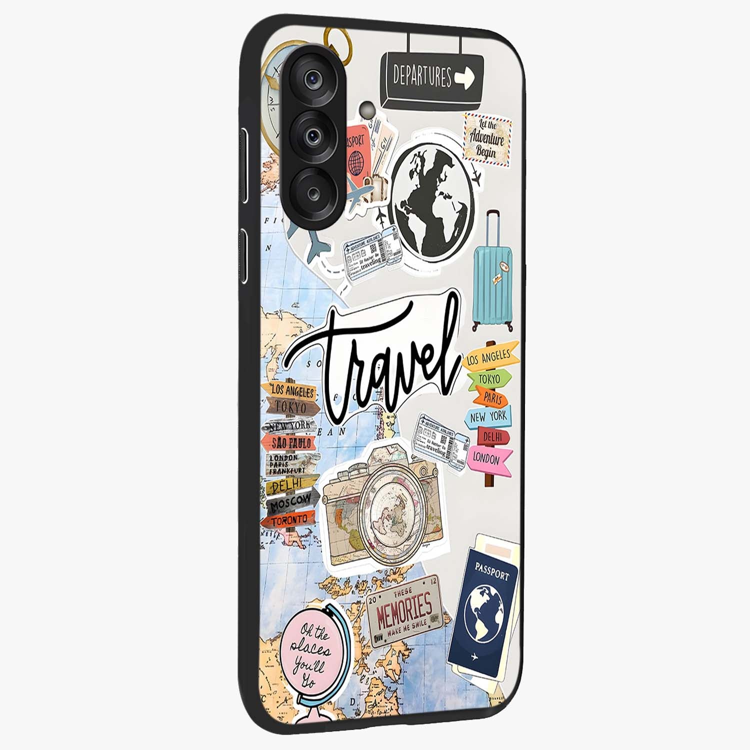 Wanderlust Journal Glass Case upright view showcasing wanderlust inspired artwork with creative exploration theme.