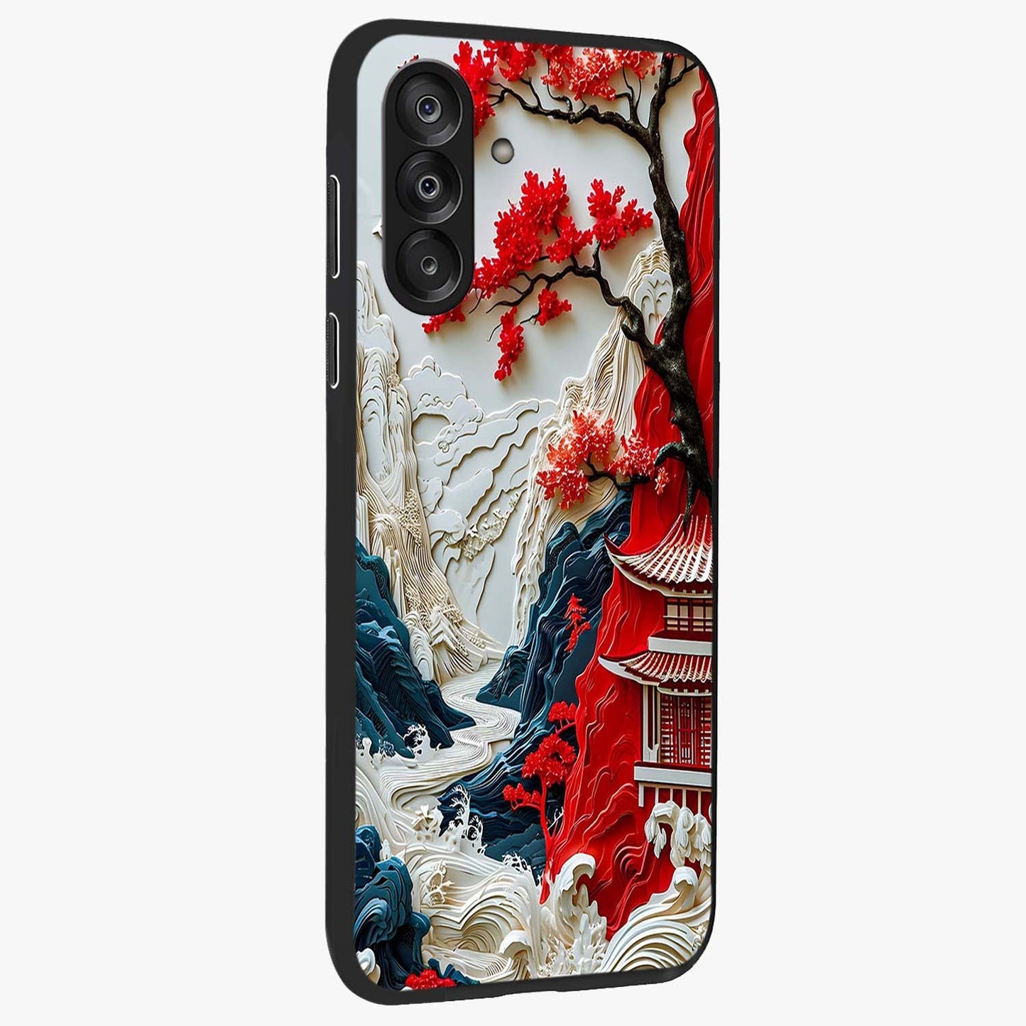 Whispers Of Sakura Waves Glass Case upright view showcasing delicate cherry blossom artwork with elegant nature theme.