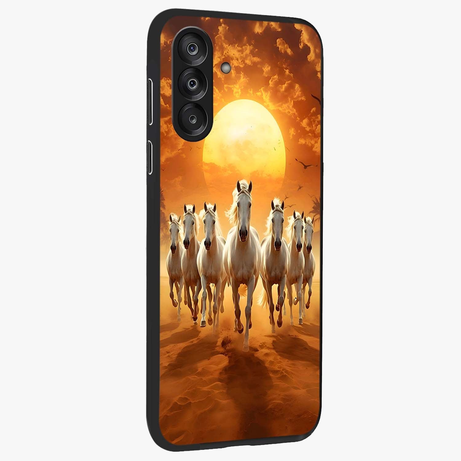 Wild Sunset Majesty Glass Case upright view showcasing dramatic sunset artwork with bold nature theme.