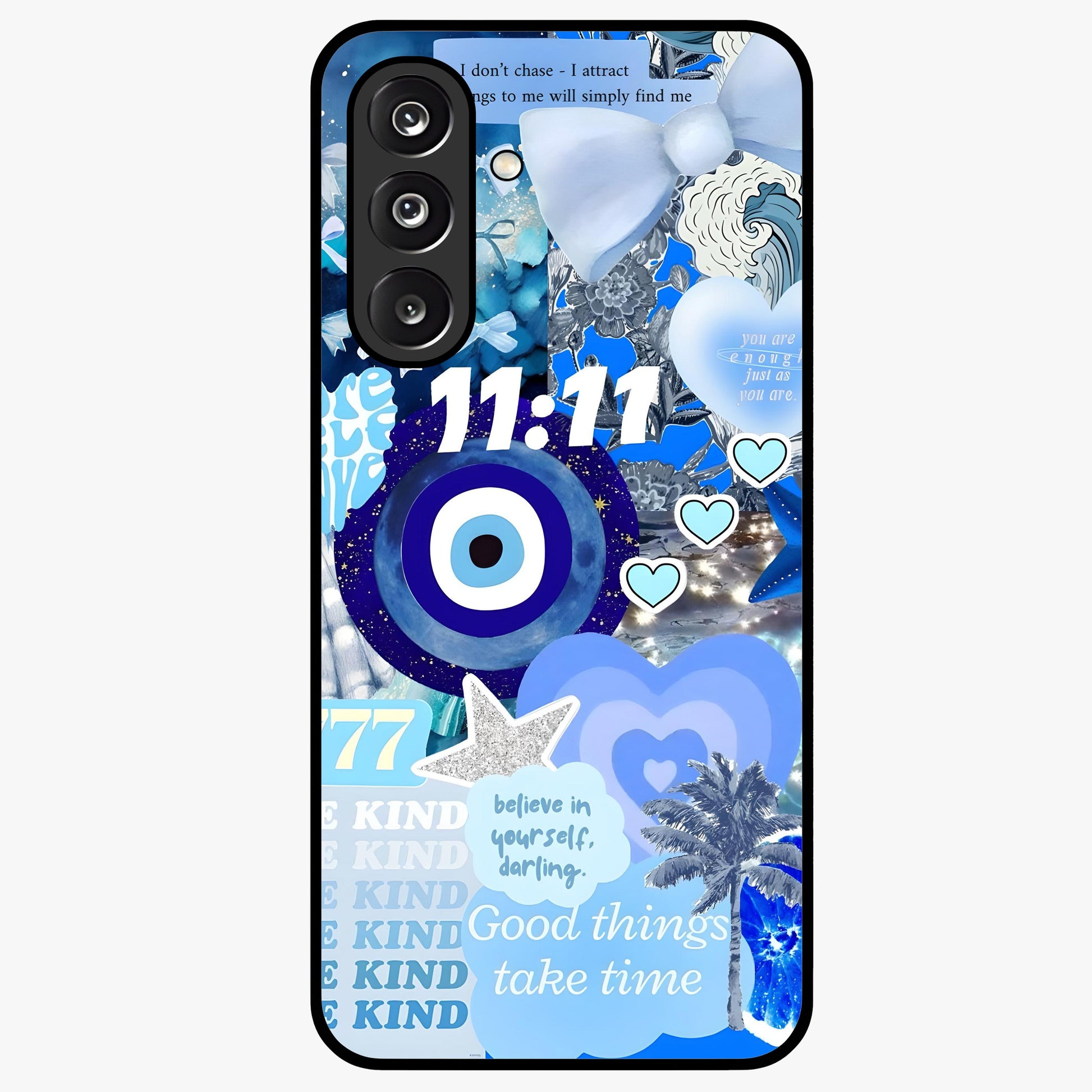 Aesthetic Be Kind Eye Glass Case showing flat back view with motivational eye artwork and glossy glass finish.