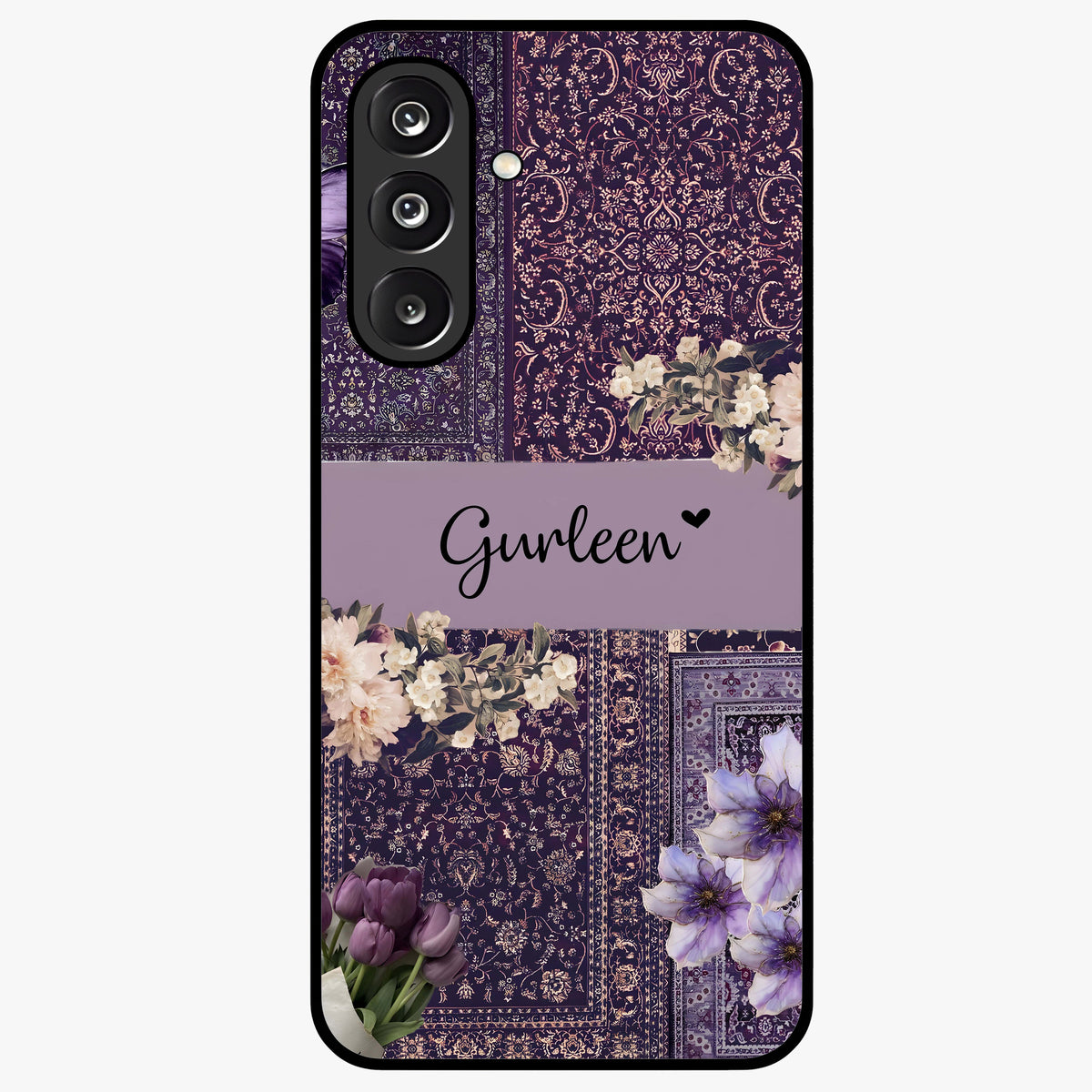 Antique Floral Whisper Custom Name Glass Case showing flat back view with vintage floral artwork and personalized name design.