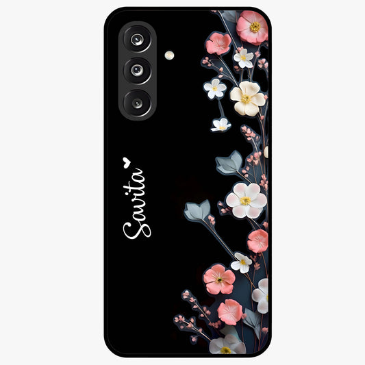 Black Elegance Floral Custom Name Glass Case showing flat back view with elegant floral artwork and personalized name design.