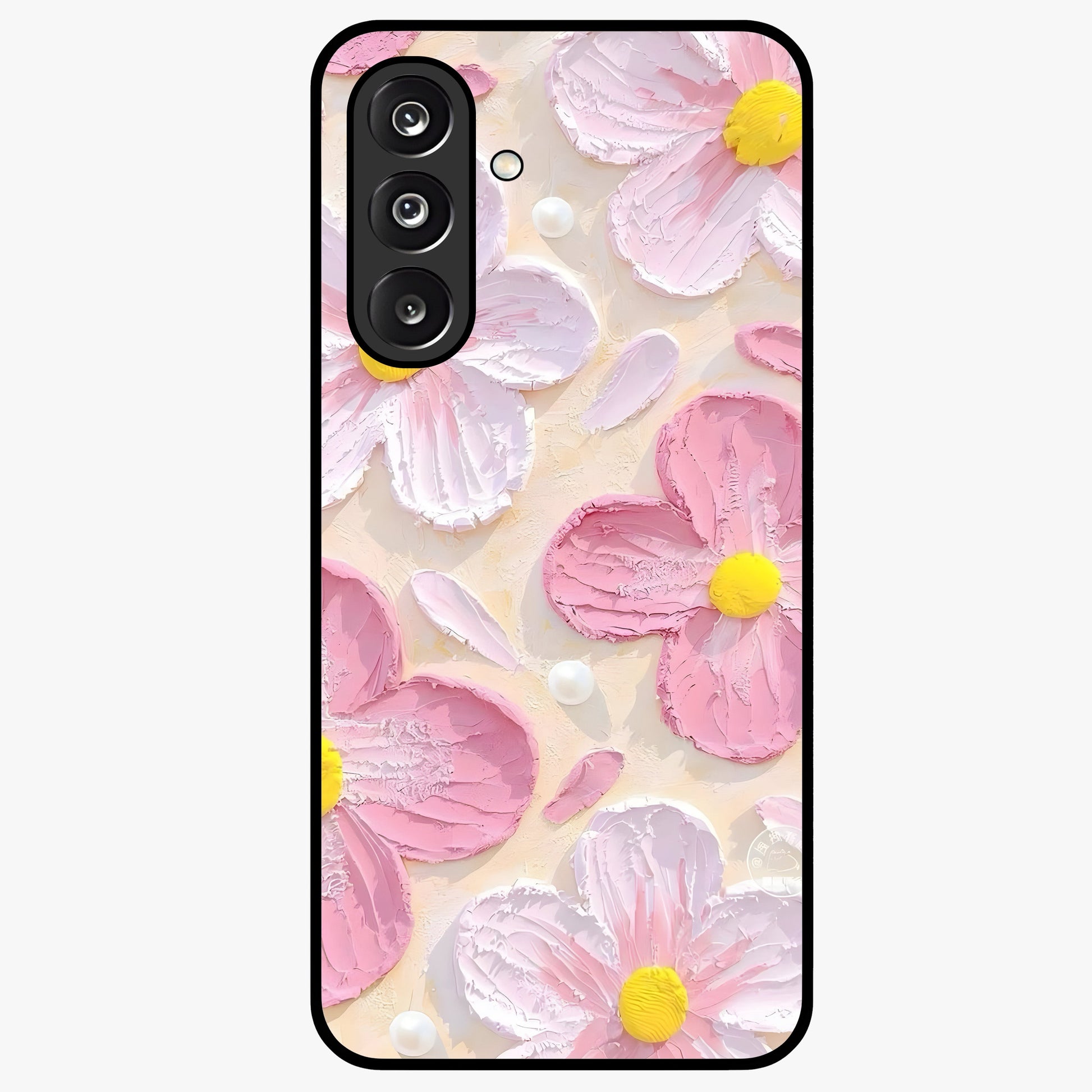 Blush Bloom Texture Glass Case showing flat back view with soft blush floral texture artwork and glossy glass finish.