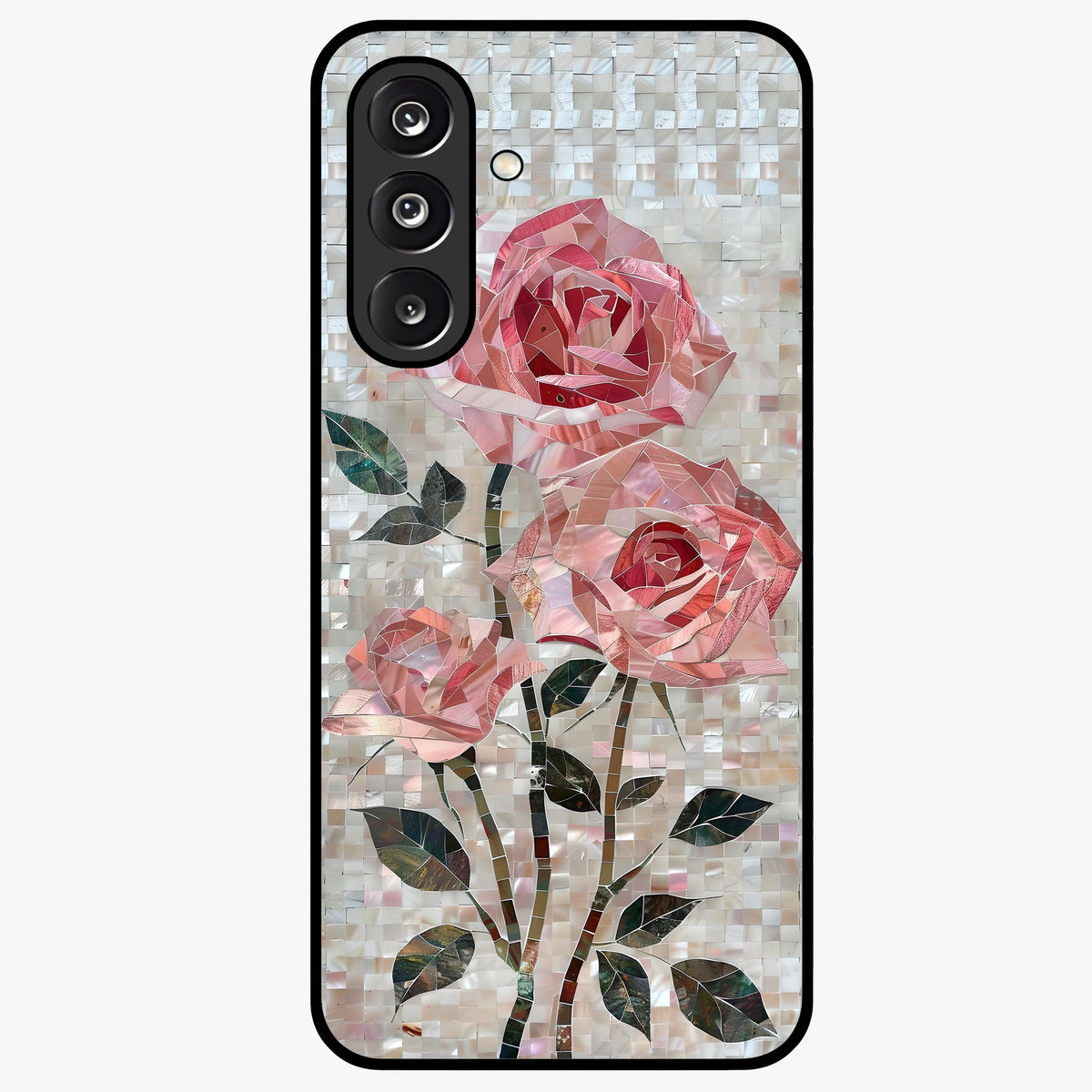 Blush Mosaic Bloom Glass Case showing flat back view with mosaic floral bloom artwork and glossy glass finish.