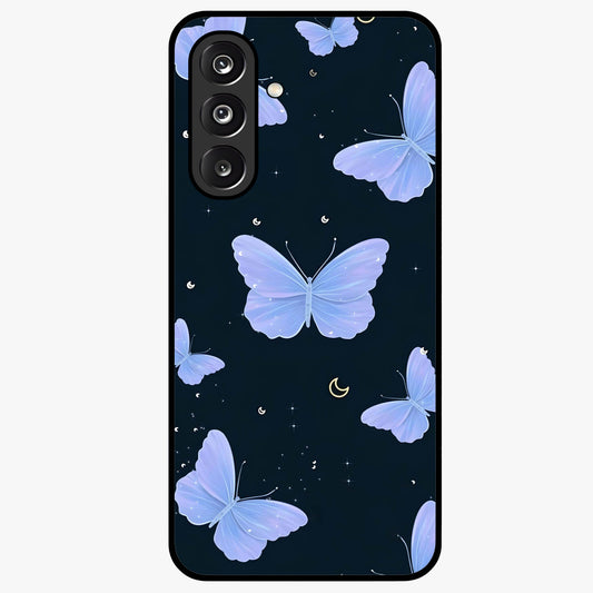 Butterfly With Stars Pattern Glass Case showing flat back view with butterfly and star pattern artwork and glossy glass finish.