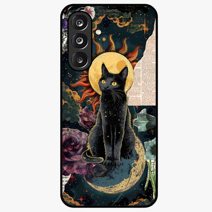 Celestial Black Cat Glass Case showing flat back view with mystical black cat artwork and glossy glass finish.