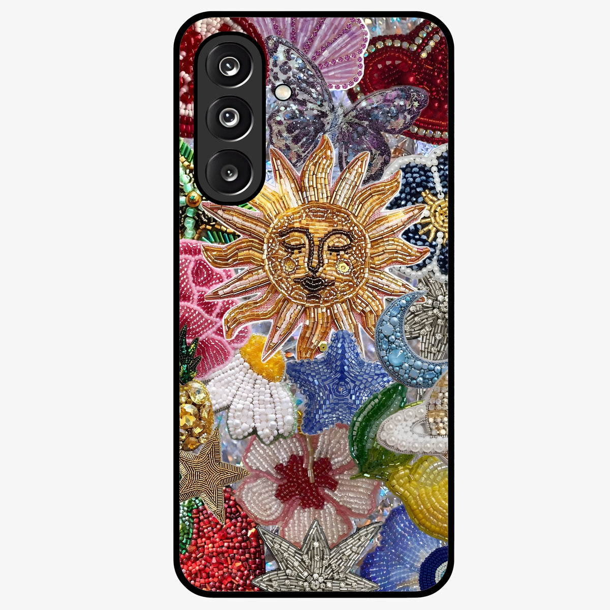 Celestial Floral and Playful Glass Case showing flat back view with floral and celestial themed artwork and glossy glass finish.