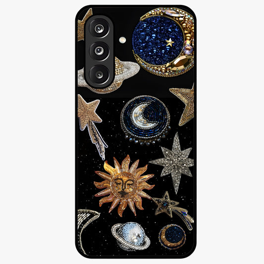 Celestial Gem Constellations Glass Case showing flat back view with sparkling constellation artwork and glossy glass finish.