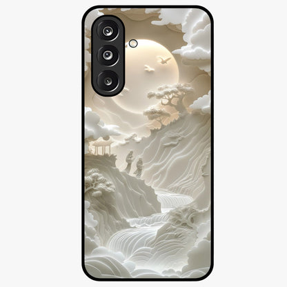 Celestial Origami Glass Case showing flat back view with artistic origami inspired celestial artwork and glossy glass finish.