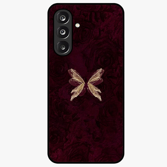 Crimson Fade Butterfly Glass Case showing flat back view with fading butterfly artwork and glossy glass finish.