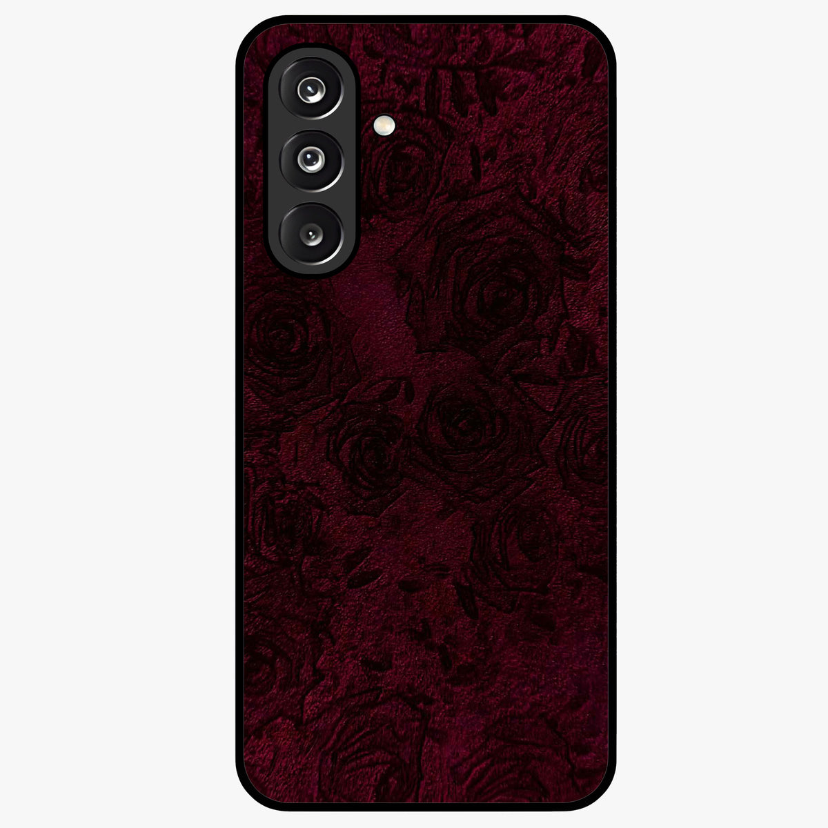 Crimson Fade Flow Glass Case showing flat back view with flowing crimson gradient artwork and glossy glass finish.