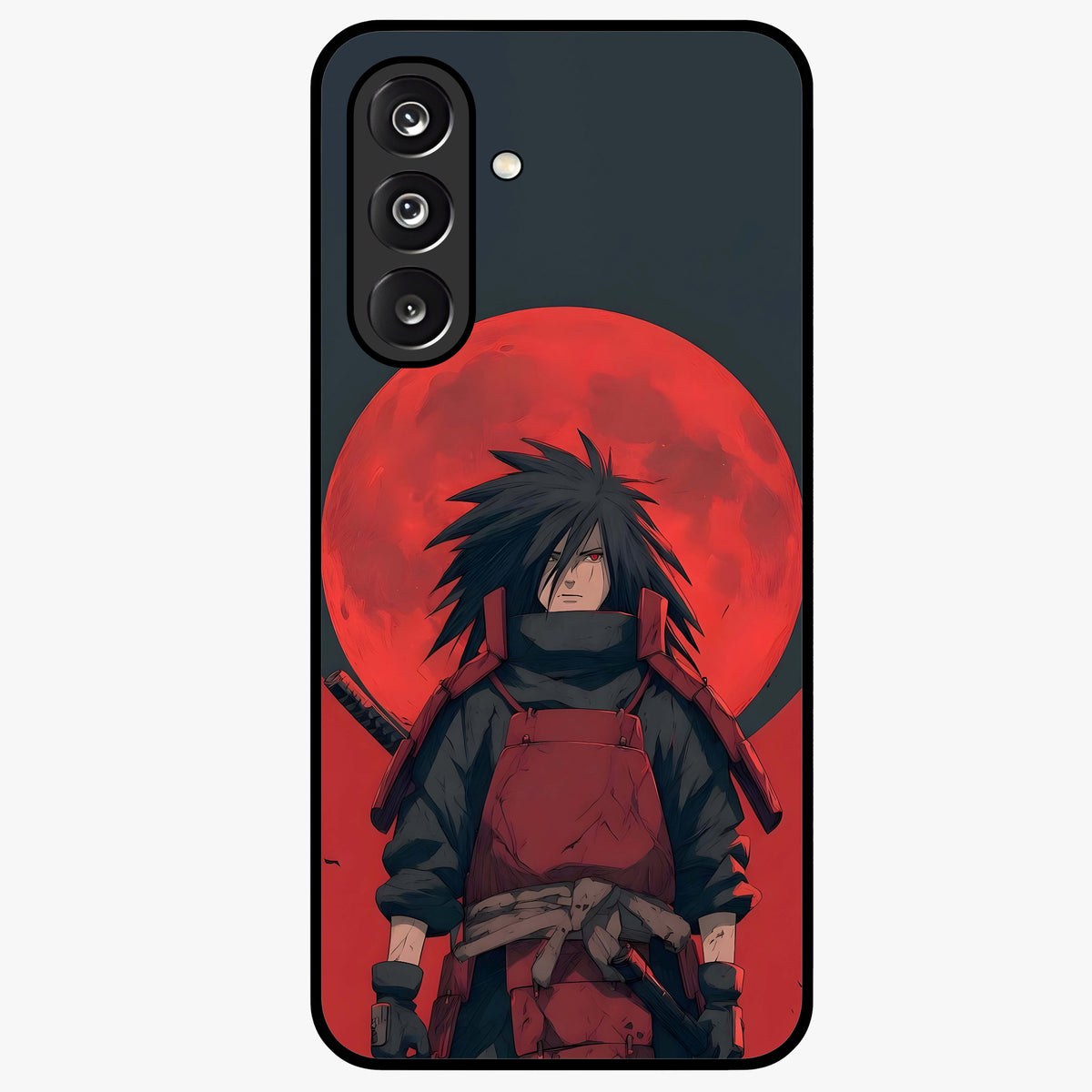 Crimson Moon Warlord Glass Case showing flat back view with mystical moon warrior artwork and glossy glass finish.
