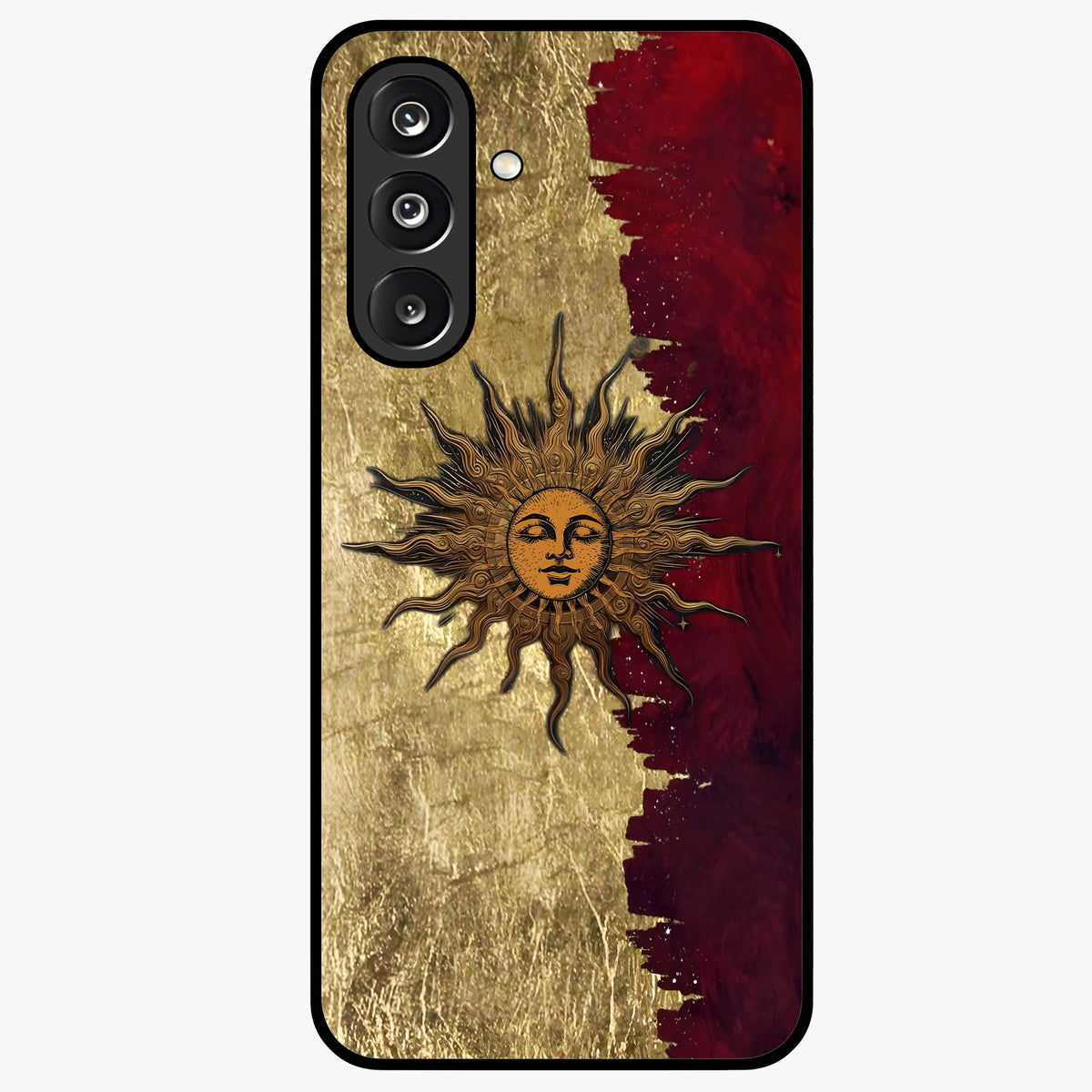 Crimson Sun Majesty Glass Case showing flat back view with radiant sun inspired artwork and glossy glass finish.