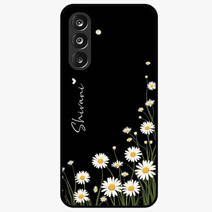 Daisy Cascade Custom Name Glass Case showing flat back view with cascading daisy flowers and personalized name design.