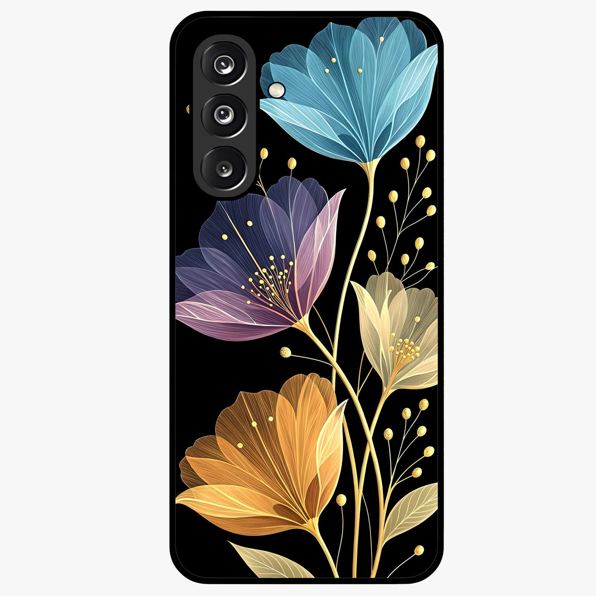 Delicate Multicolor Flowers Glass Case showing flat back view with vibrant floral artwork and glossy glass finish.