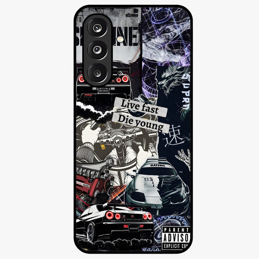 Die Young Glass Case showing flat back view with bold artistic typography design and glossy glass finish.