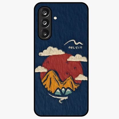 Dream Beyond Mountains Glass Case showing flat back view with scenic mountain landscape artwork and glossy glass finish.