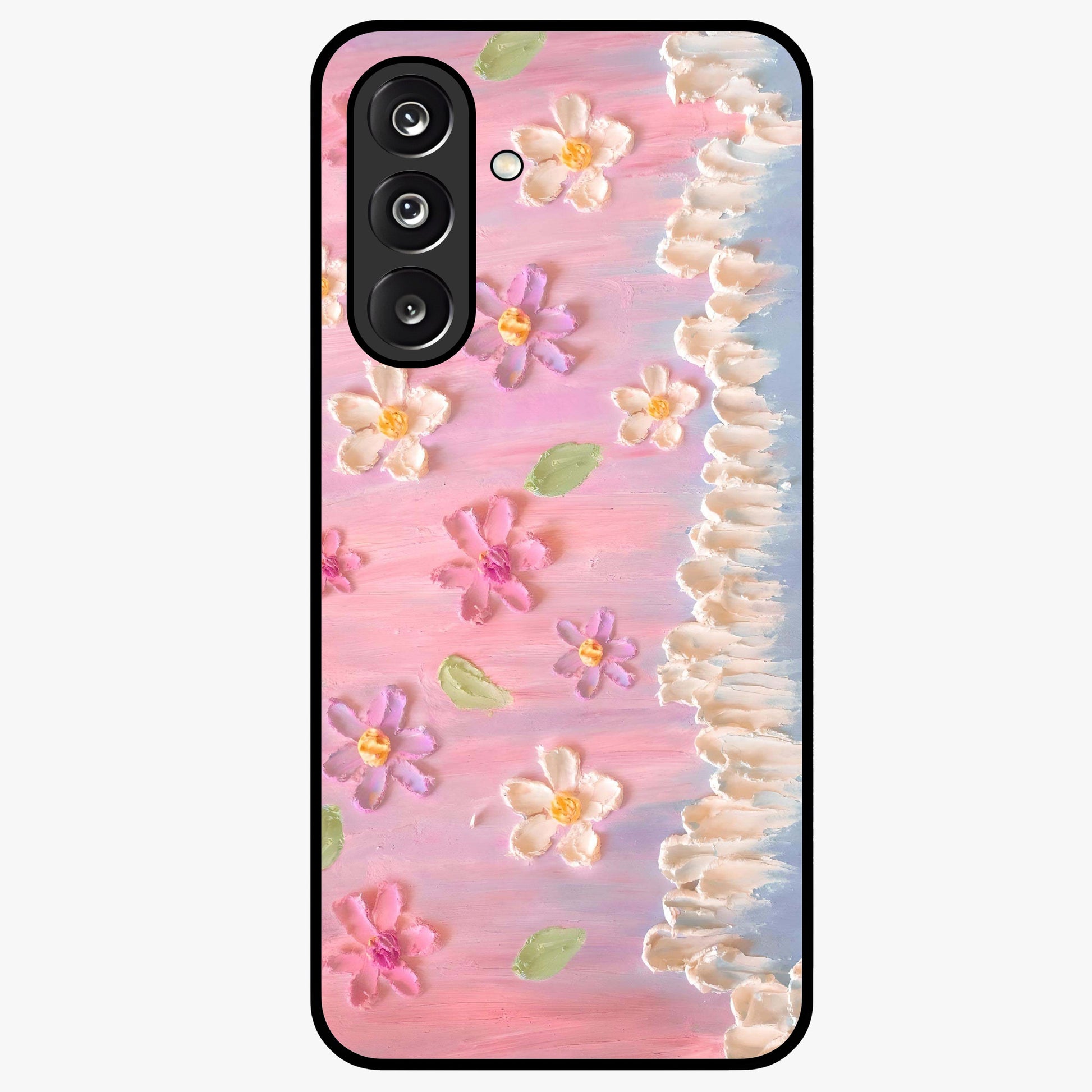 Dreamy Painted Garden Glass Case showing flat back view with artistic painted floral garden artwork and glossy glass finish.