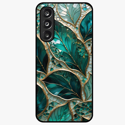 Emerald Leaf Glass Glass Case showing flat back view with emerald green leaf artwork and glossy glass finish.