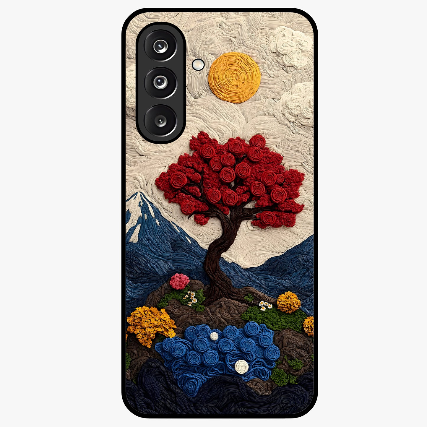 Eternal Nature Tapestry Glass Case showing flat back view with intricate nature tapestry artwork and glossy glass finish.