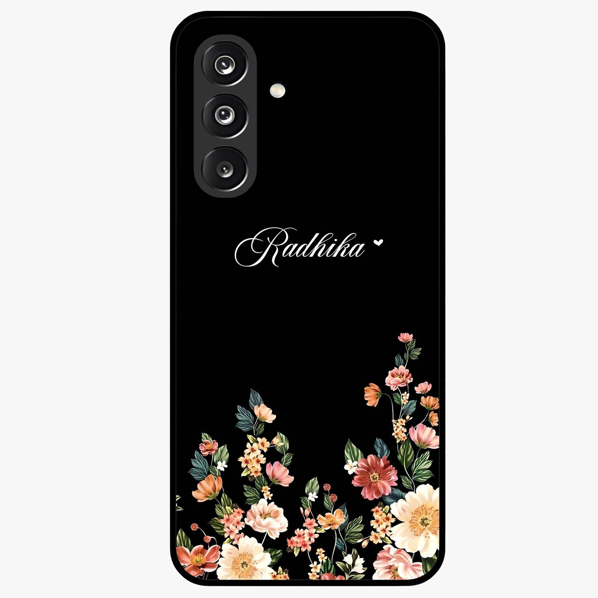 Floral Design With a Custom Personalized Name Glass Case showing flat back view with floral artwork and personalized name design.