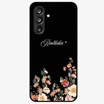 Floral Design With a Custom Personalized Name Glass Case showing flat back view with floral artwork and personalized name design.