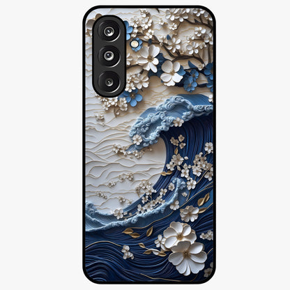 Floral Wave Origami Glass Case showing flat back view with origami inspired floral wave artwork and glossy glass finish.