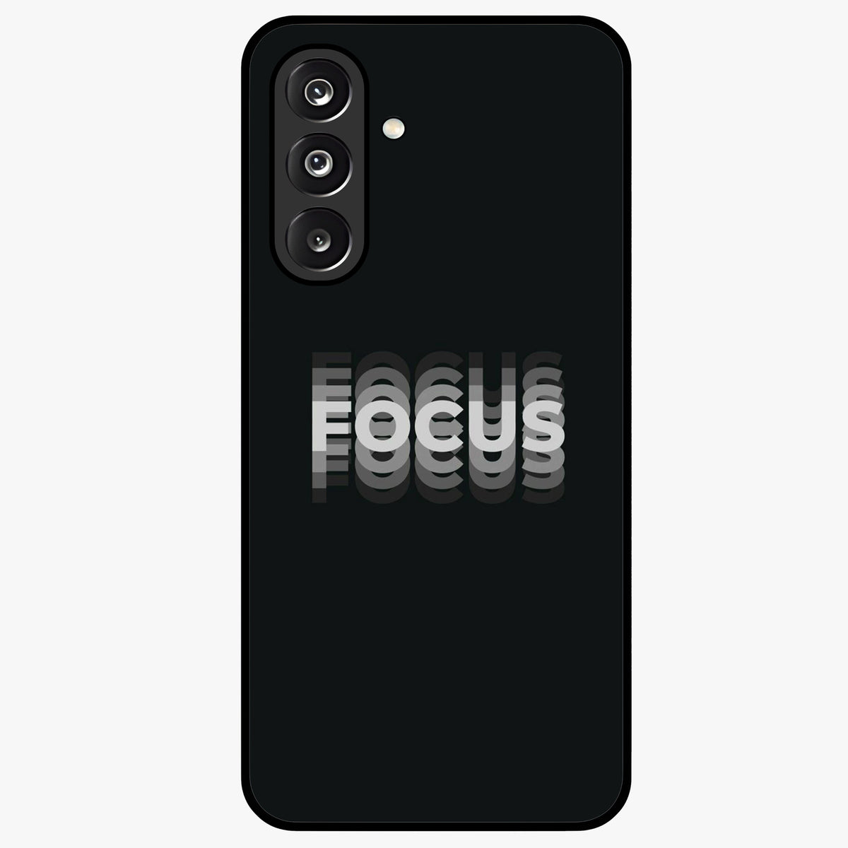 Focus Mode On Glass Case showing flat back view with bold motivational typography design and glossy glass finish.